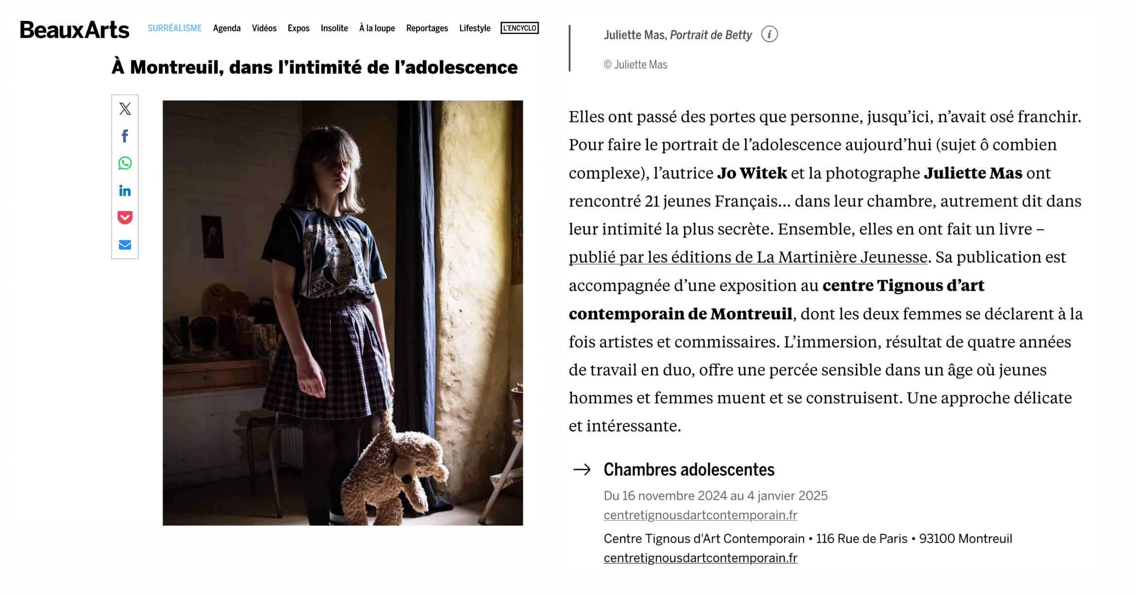 Extrait article BeauxArts Exposition Chambres Adolescentes Jo WITEK et Juliette Mas