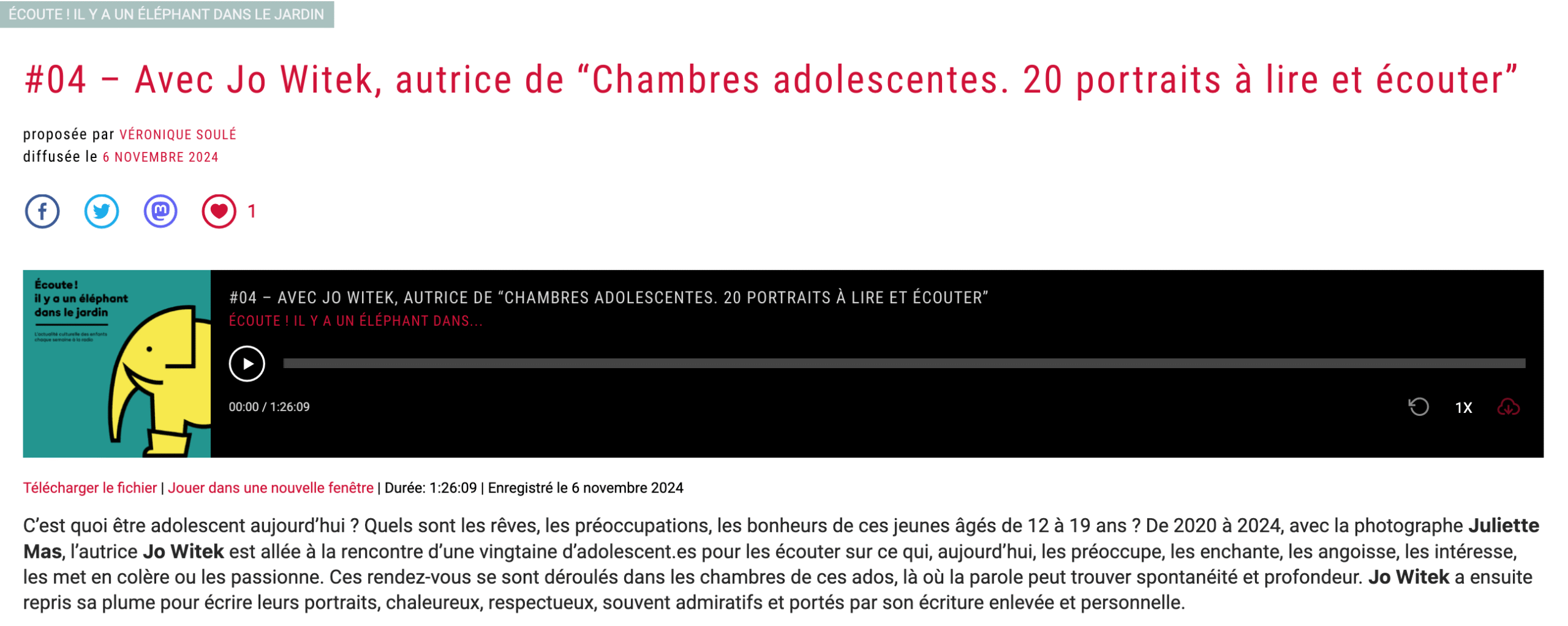 Interview radio avec Jo Witek, autrice de “Chambres adolescentes. 20 portraits à lire et écouter”