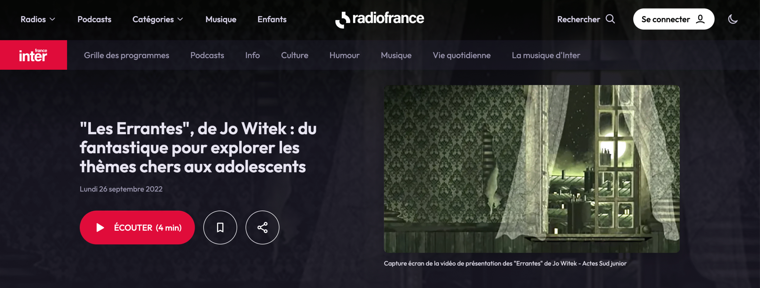 Radio France Inter interview "Les Errantes" Jo WITEK