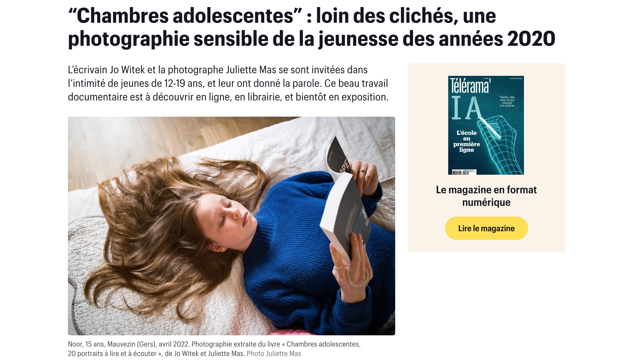 Telerama article sur Chambres Adolscentes Jo WITEK et Juliette MAS